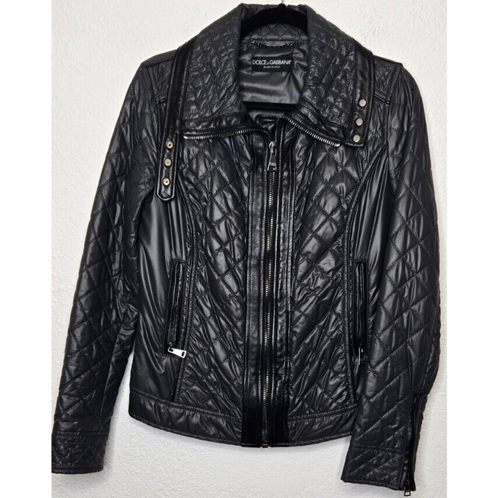 Dolce & Gabbana Moto Jacket Womens 42 Black Nylon Quilted Zip Leather Biker Edgy - Picture 3 of 8
